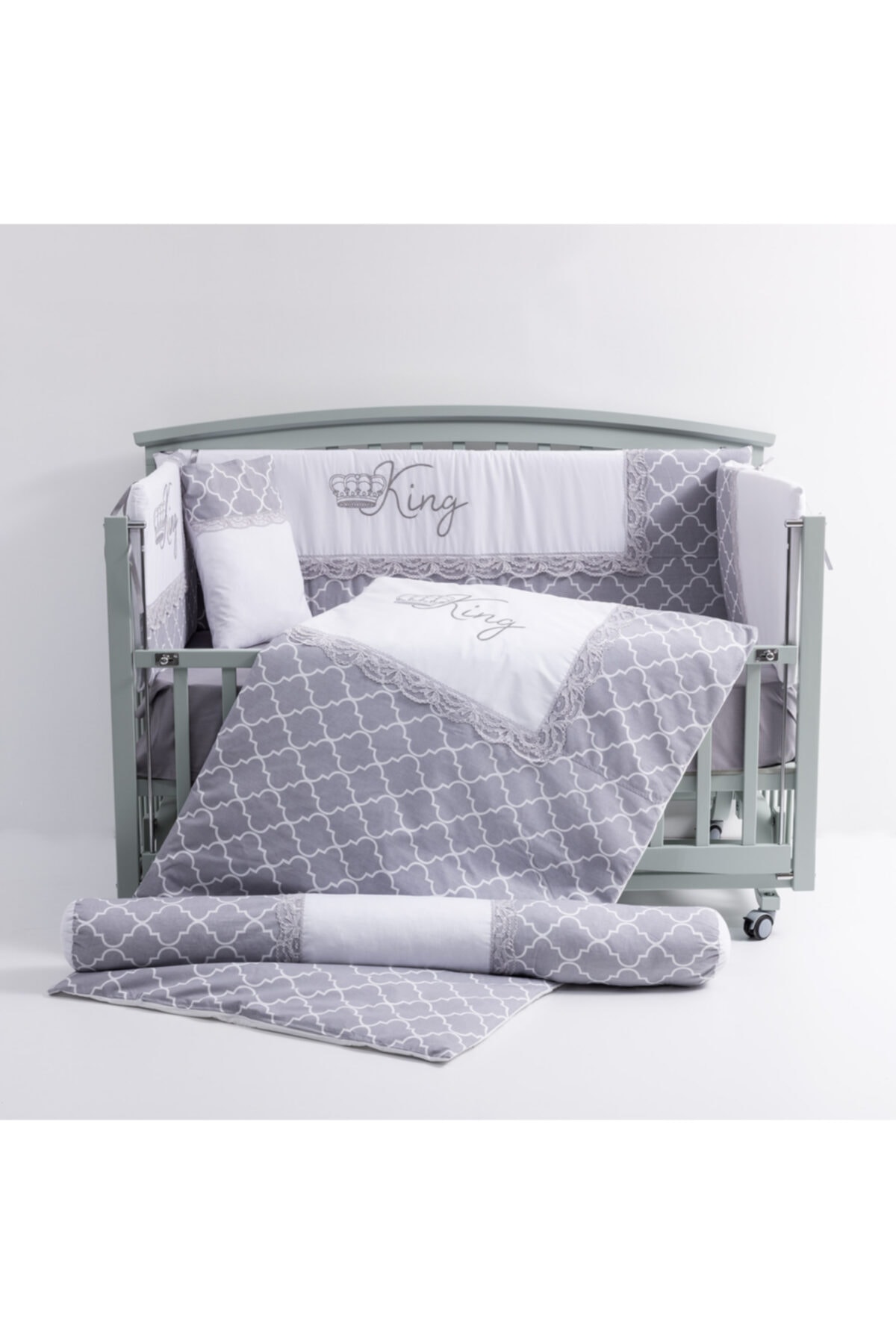 Mini Baby Kıng Gri Bebek Uyku Seti 60x120 Ölçü