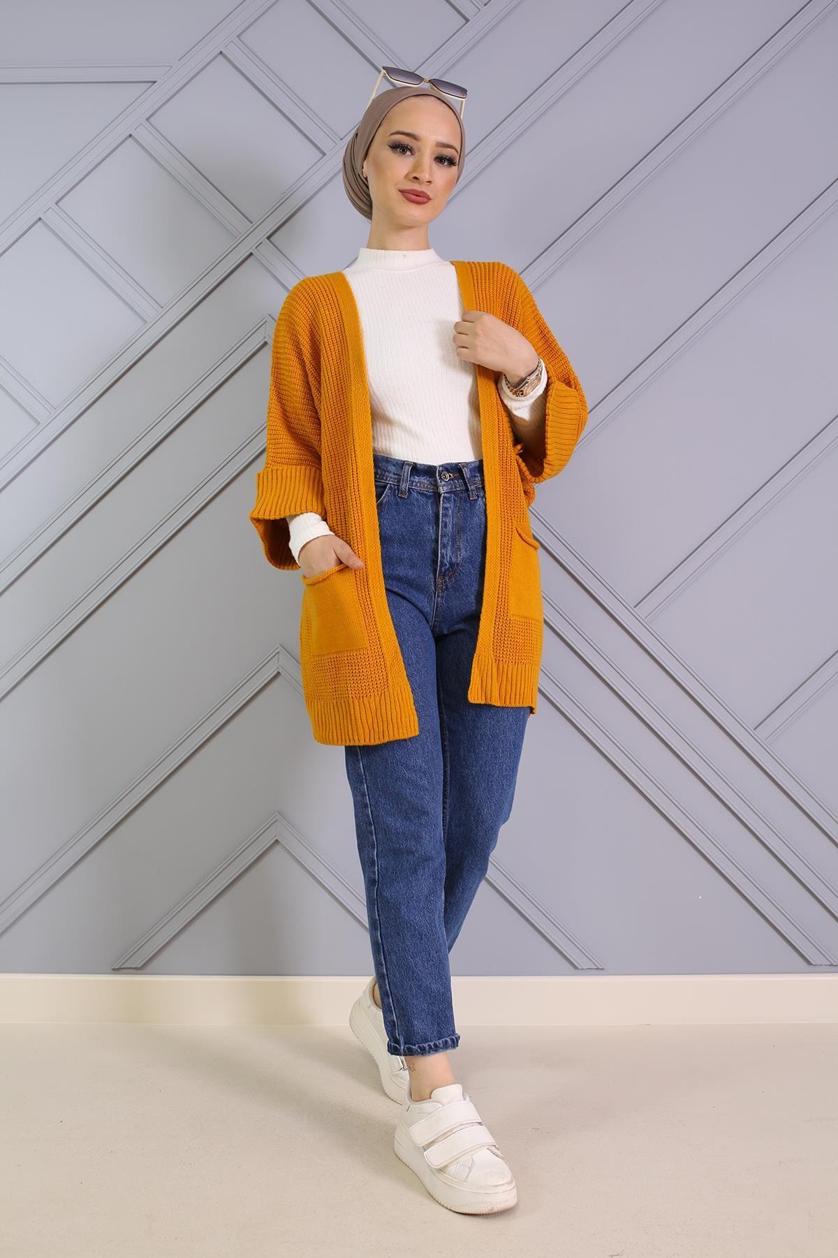 Şule Giyim Örgü Detaylı Triko Hırka Sarı