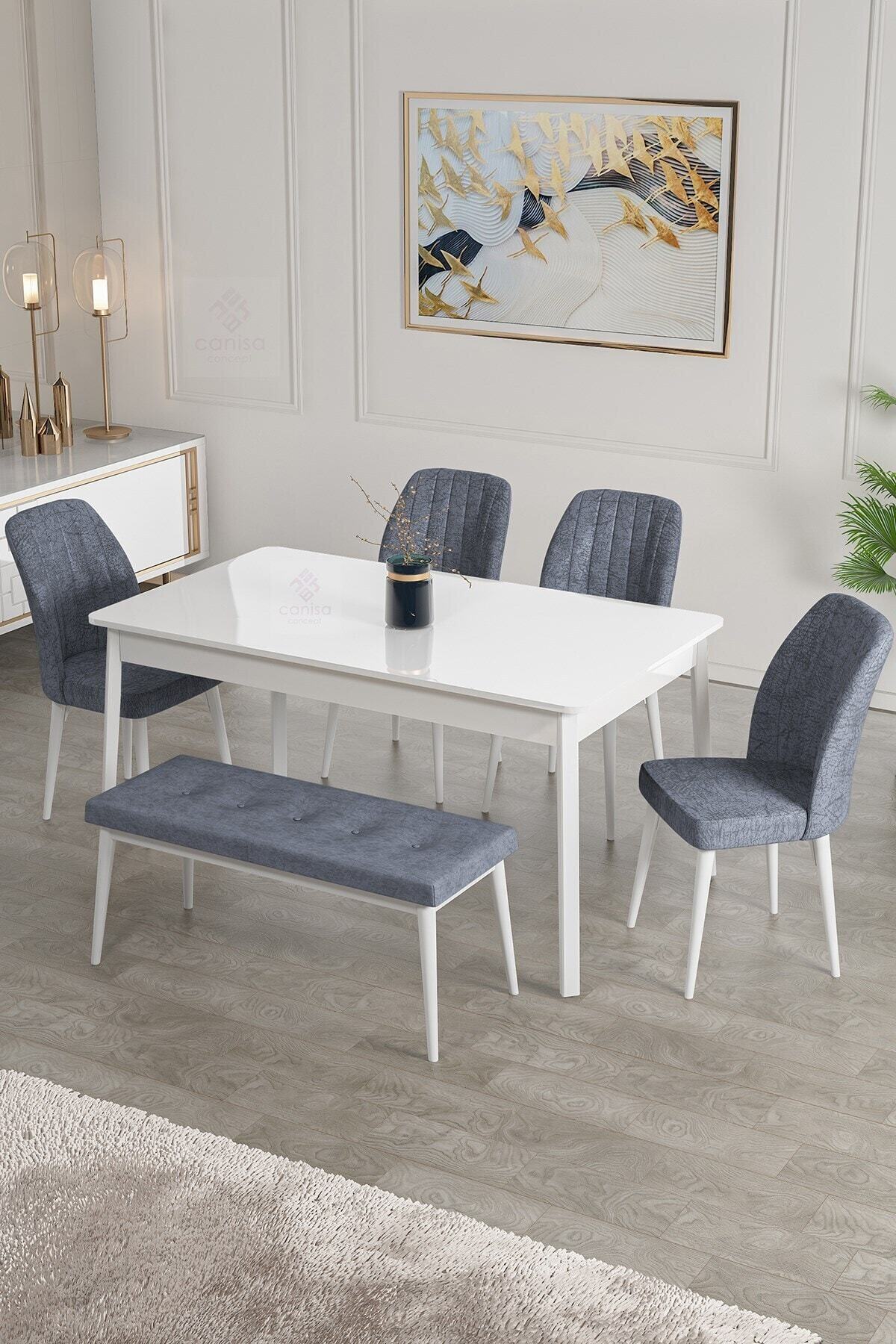 Canisa Concept Ada Serisi 80x130 Sabit, Bench'li Beyaz Masa Takımı+ 4 Sandalye+1bench