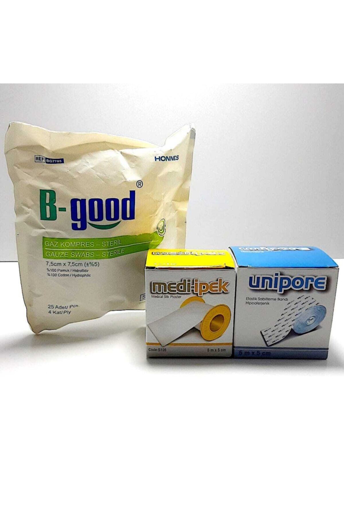 Unipore Gaz Steril Kompres 7,5 X 7,5 cm 25li İpek Flaster Beyaz Renkli 5m X 5cm Ve Elastik Flaster