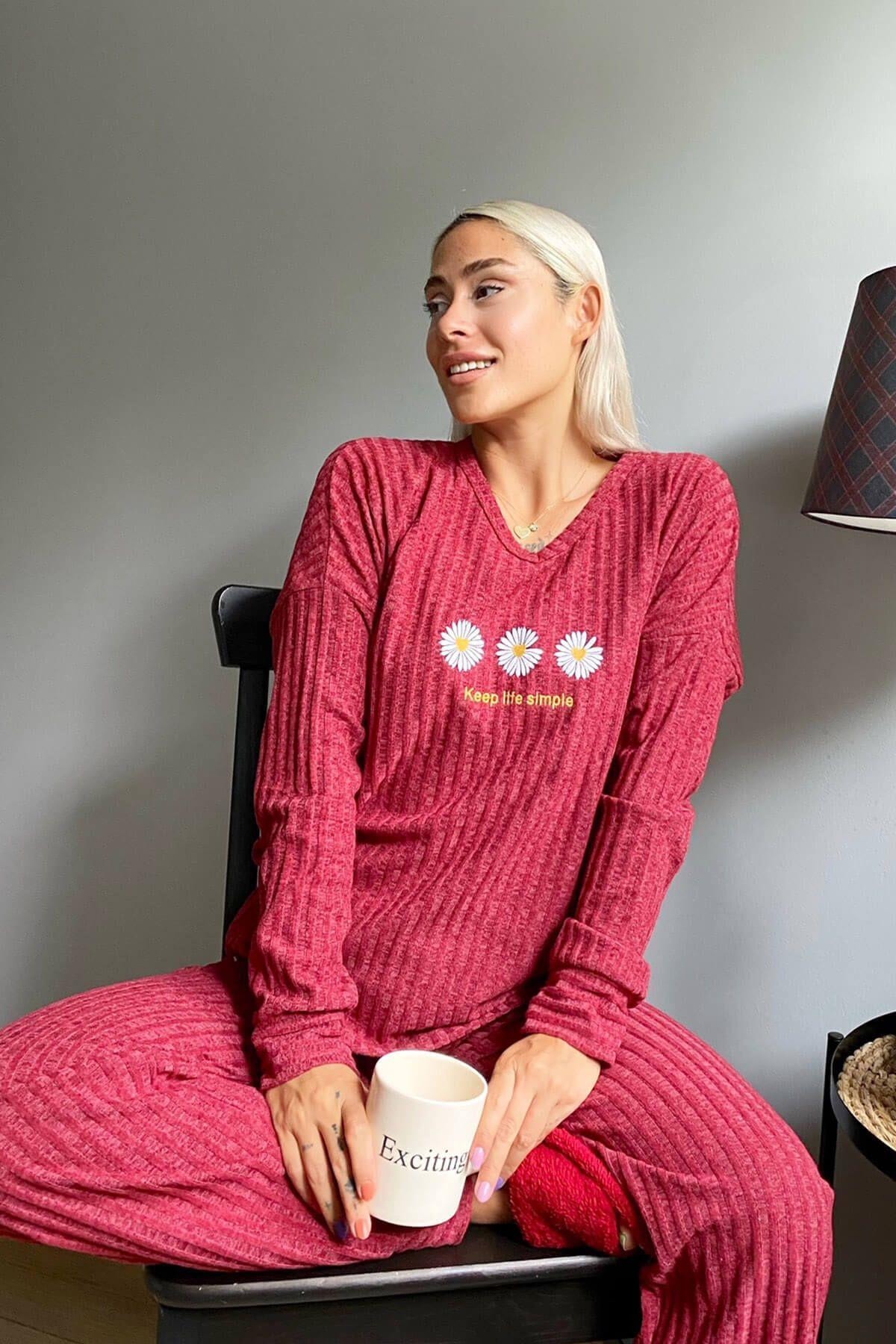 Pijamaevi Papatya Örme Uzun Kol Kadın Pijama Takımı