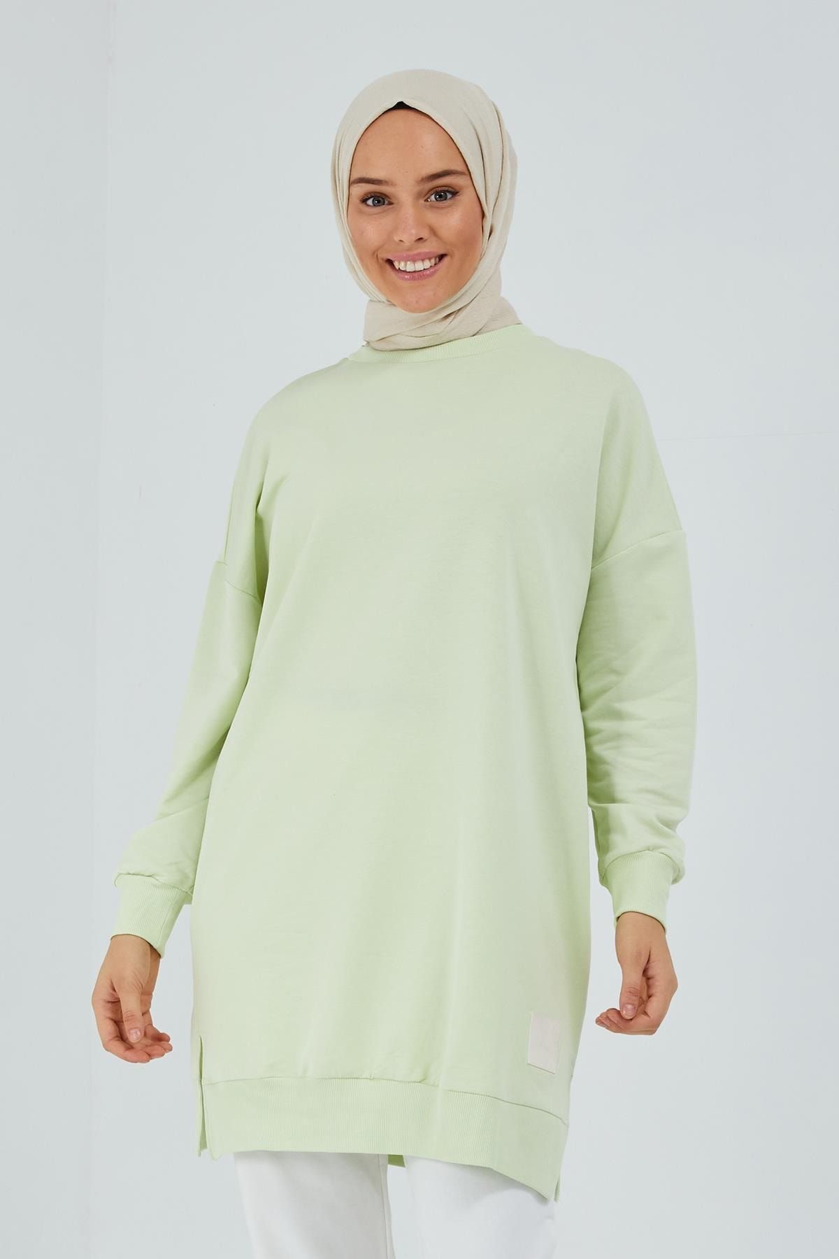meqlife Yırtmaçlı Düz Renk Sweatshirt - Fıstık Yeşili