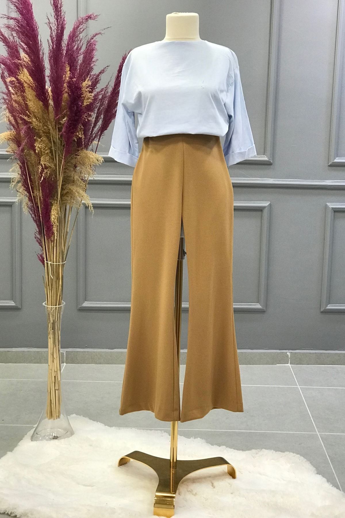Ebrar Store Skuba Kumaş Ispanyol Paça Pantolon-taba