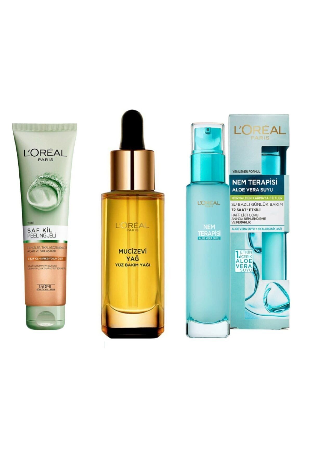 L'Oreal Paris 3 Lü Set Saf Kil Peeling Yüz Temizleme Jeli&mucizevi Yağ Günlük Yüz Bakım Yağı&nem Terapisi Aloe Ver