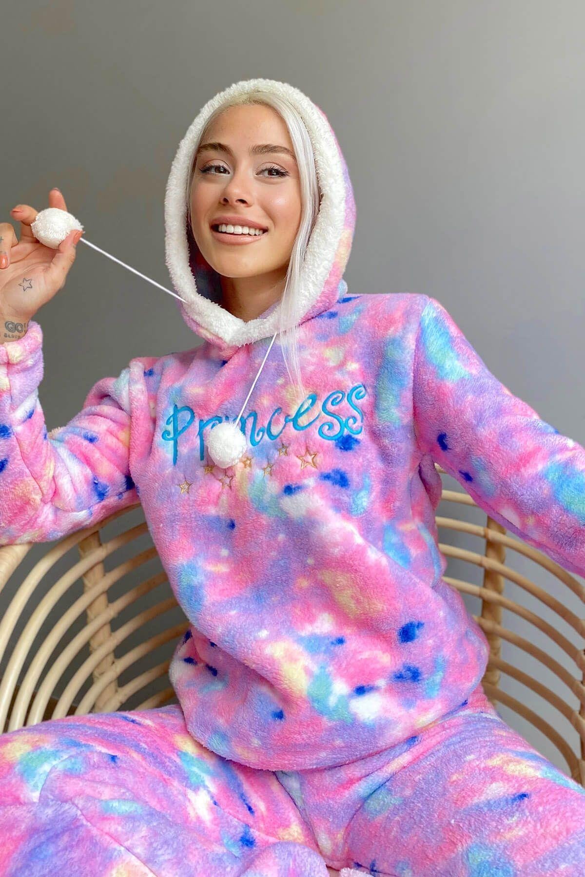 Pijamaevi Pembe Princess Desenli Tam Peluş Pijama Takımı