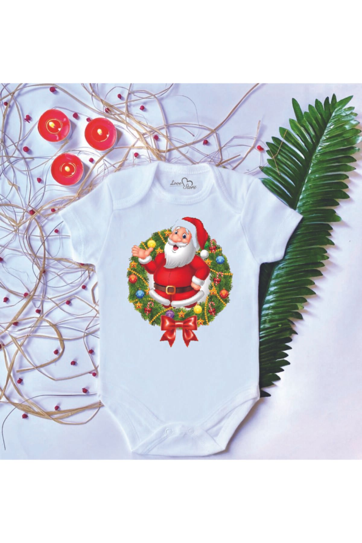 LoveStore Unisex Bebek Baskılı Yılbaşı Noel Baba %100 Pamuklu Çıtçıtlı Body Zıbın + Hediyeli