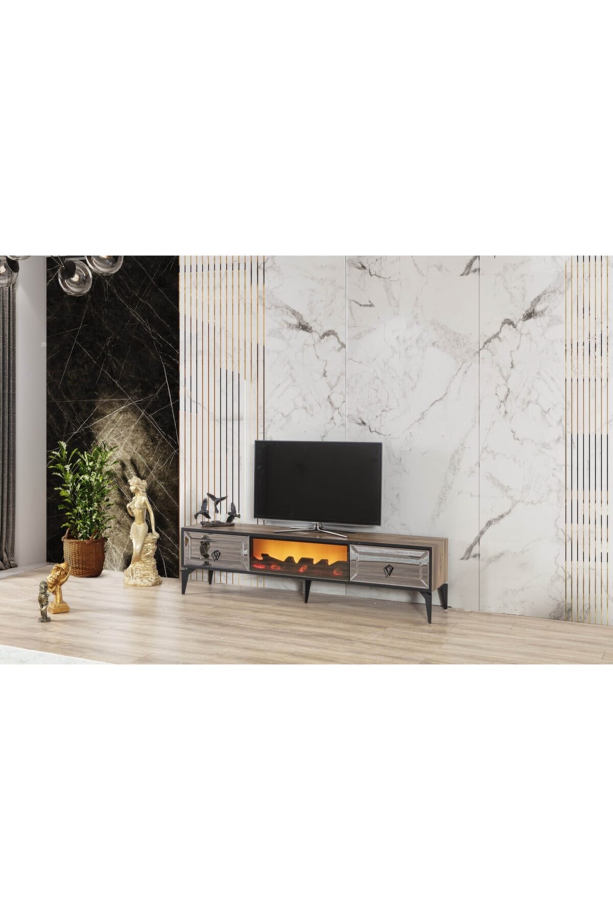 ENSİHOME Ceviz Şömineli Tv Ünitesi