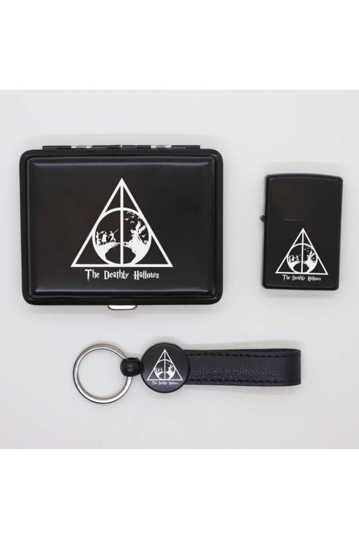 ELALAZER The Deathly Hallows Metal Tabaka Zippo Çakmak Ve Anahtarlık Seti