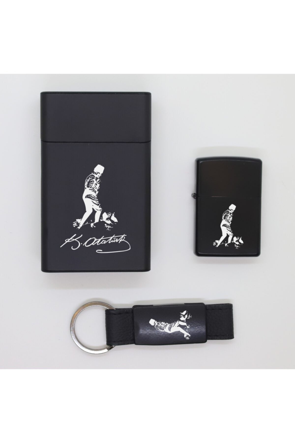 ELALAZER Atatürk Metal Sigara Kutusu Zippo Çakmak Ve Anahtarlık Seti - 1