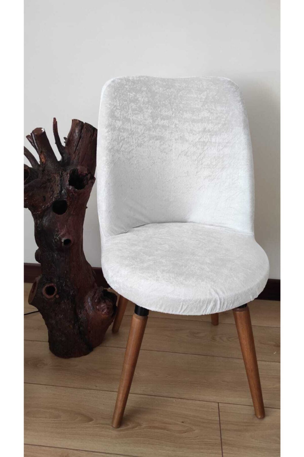 Aslan Home Kadife Oval Retro Beyaz Sandalye Kılıfı