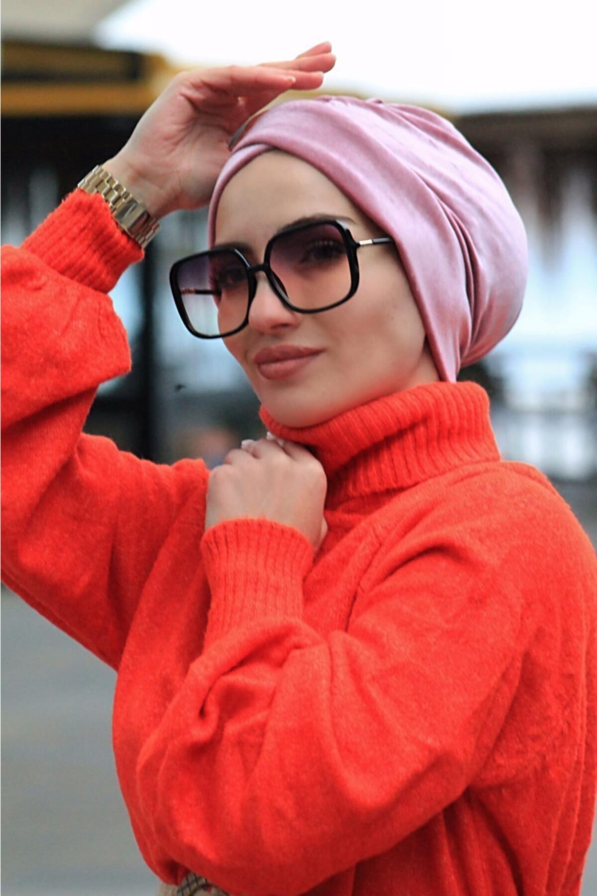 Amisos Bone Şal Hazır Tesettür Giyim Kadife Çapraz Bone Gül Kurusu - Özel Tasarım- Yeni Model Tesettür Giyim