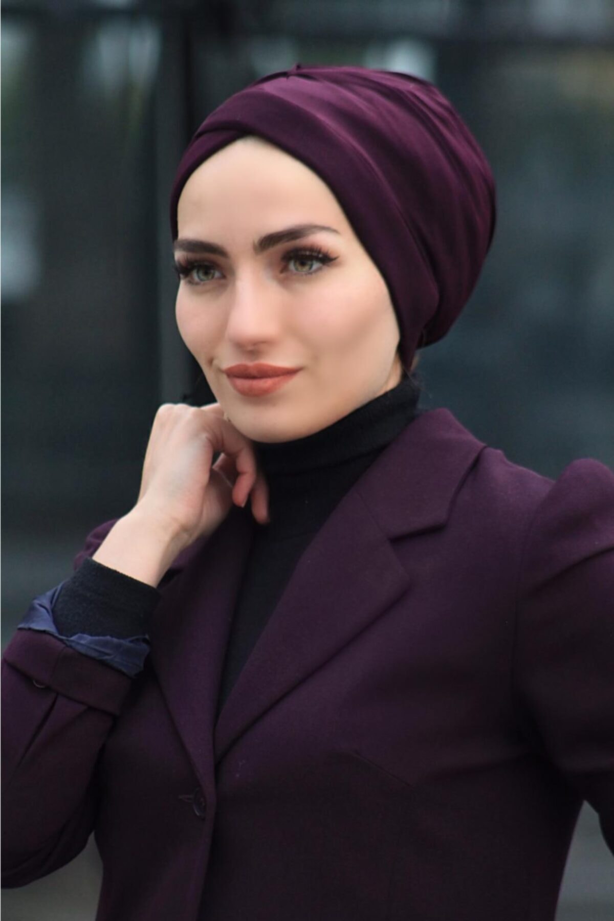 Amisos Bone Şal Hazır Tesettür Giyim Çapraz Bone Mürdüm - Özel Tasarım- Yeni Model Tesettür Giyim