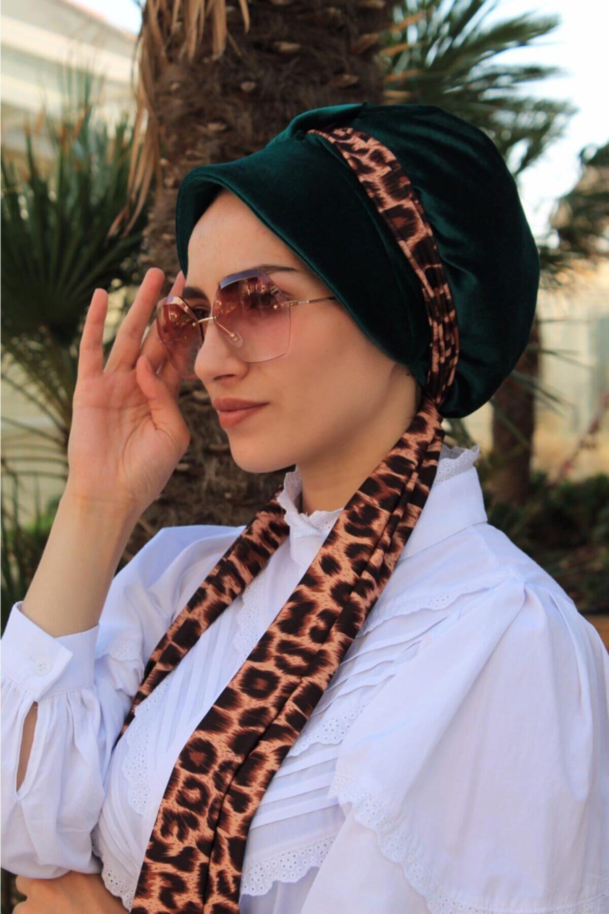 Amisos Bone Şal Hazır Tesettür Giyim Kadife Atkılı Kışlık Şapka Bone Zümrüt - Özel Tasarım- Yeni Model Tesettür Giyim