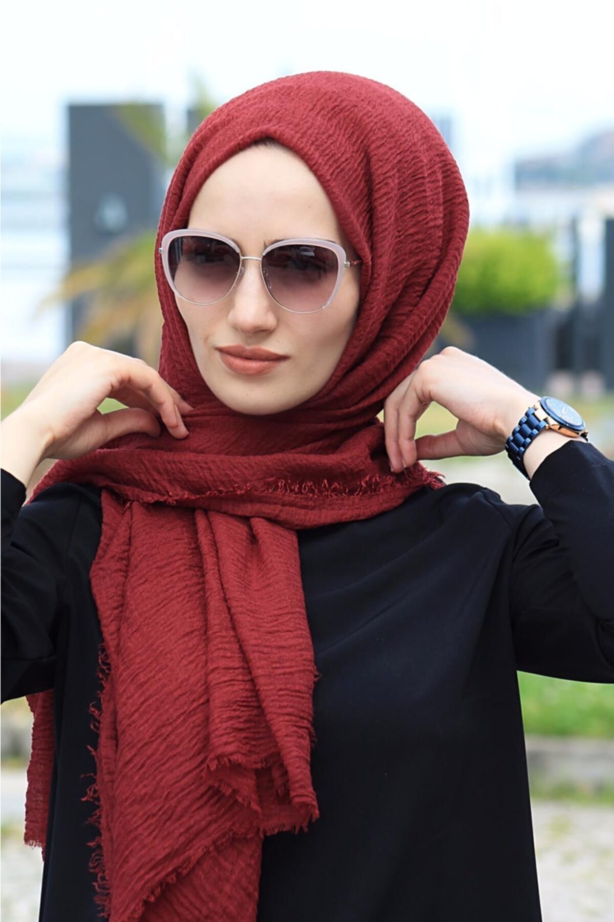 Amisos Bone Şal Hazır Tesettür Giyim Bürümcük Şal Pamuklu Bordo - Özel Tasarım- Yeni Model Tesettür Giyim