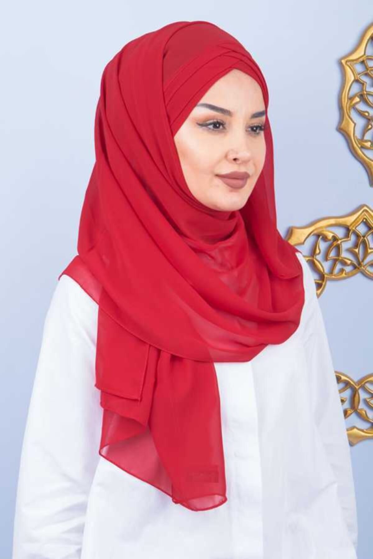 Amisos Bone Şal Hazır Tesettür Giyim Üç Bantlı Şal Kırmızı Koyu (hazır Model) - Özel Tasarım- Yeni Model Tesettür Giyim