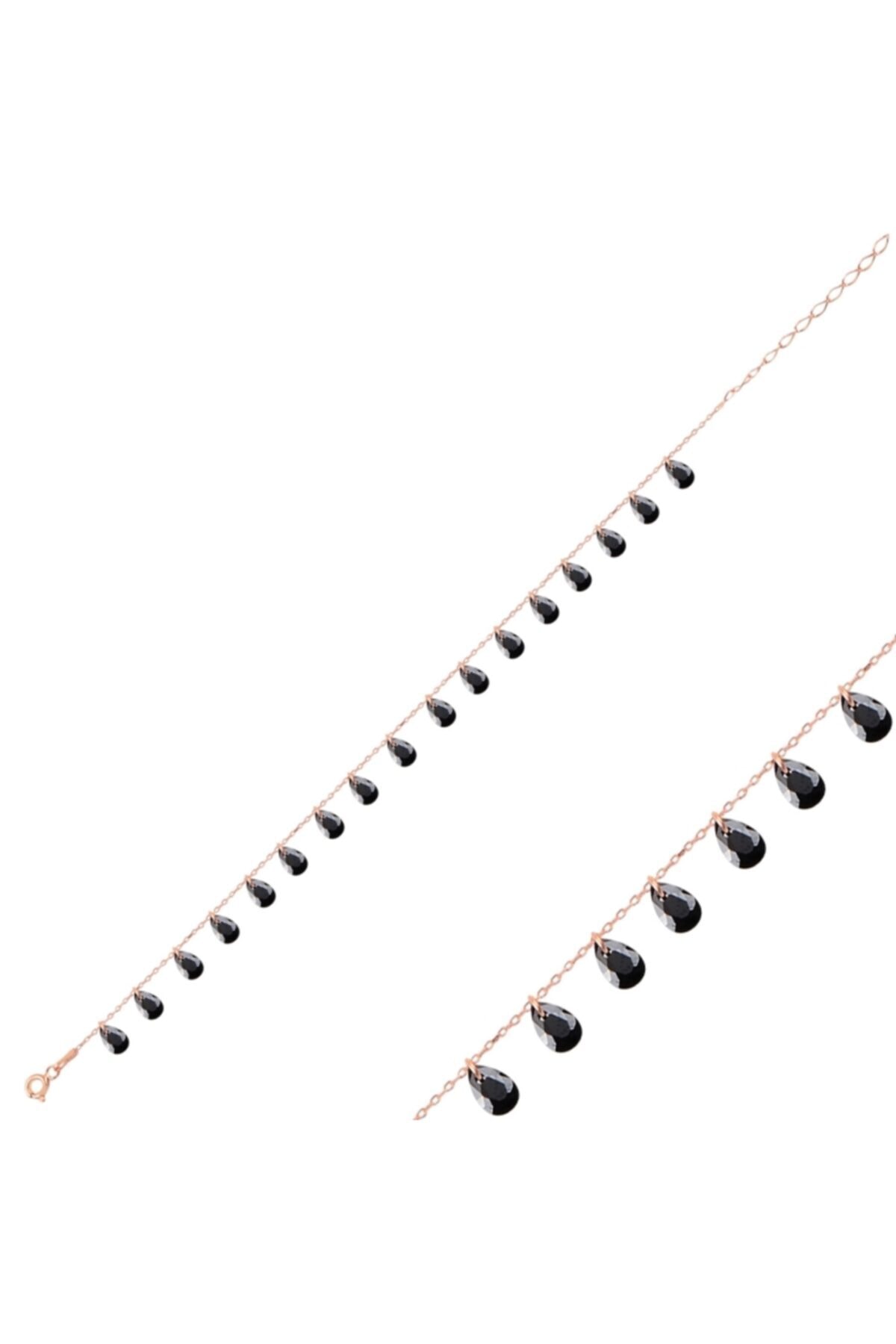 KOVAC Kadın Damla Model Rose Kaplama Siyah Zirkon Taşlı Sallantılı 925 Ayar Gümüş Halhal