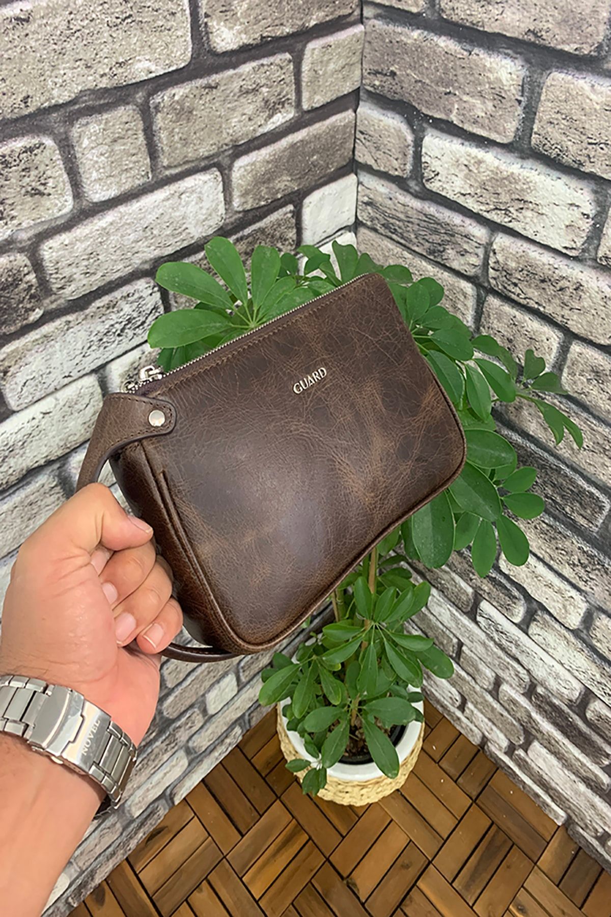 GUARD Antik Kahverengi Unisex Çift Fermuarlı El Çantası