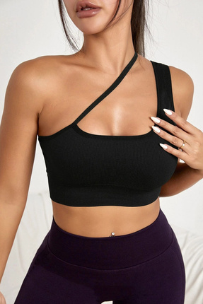 Kadın Siyah Tek Omuzlu Çapraz Askılı Crop Top Büstiyer – Modern ve Şık Tasarım Image 0