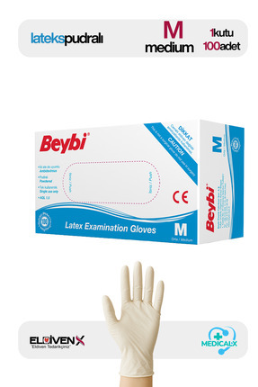 Lateks Pudralı (M) Medium Beden Muayene Eldiven 100lü Paket Image 0