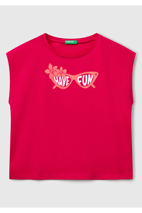 Kız Çocuk Fuşya Grafik Baskılı Kısa Kollu T-Shirt Image 0