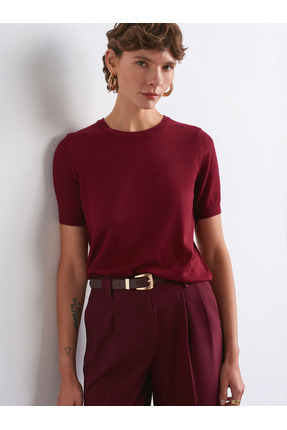 10779 Bisiklet Yaka Kısa Kollu Triko Bluz-Bordo Image 2