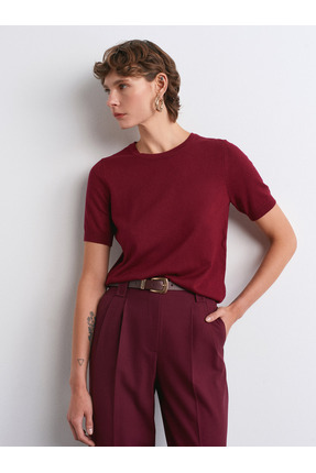 10779 Bisiklet Yaka Kısa Kollu Triko Bluz-Bordo Image 0