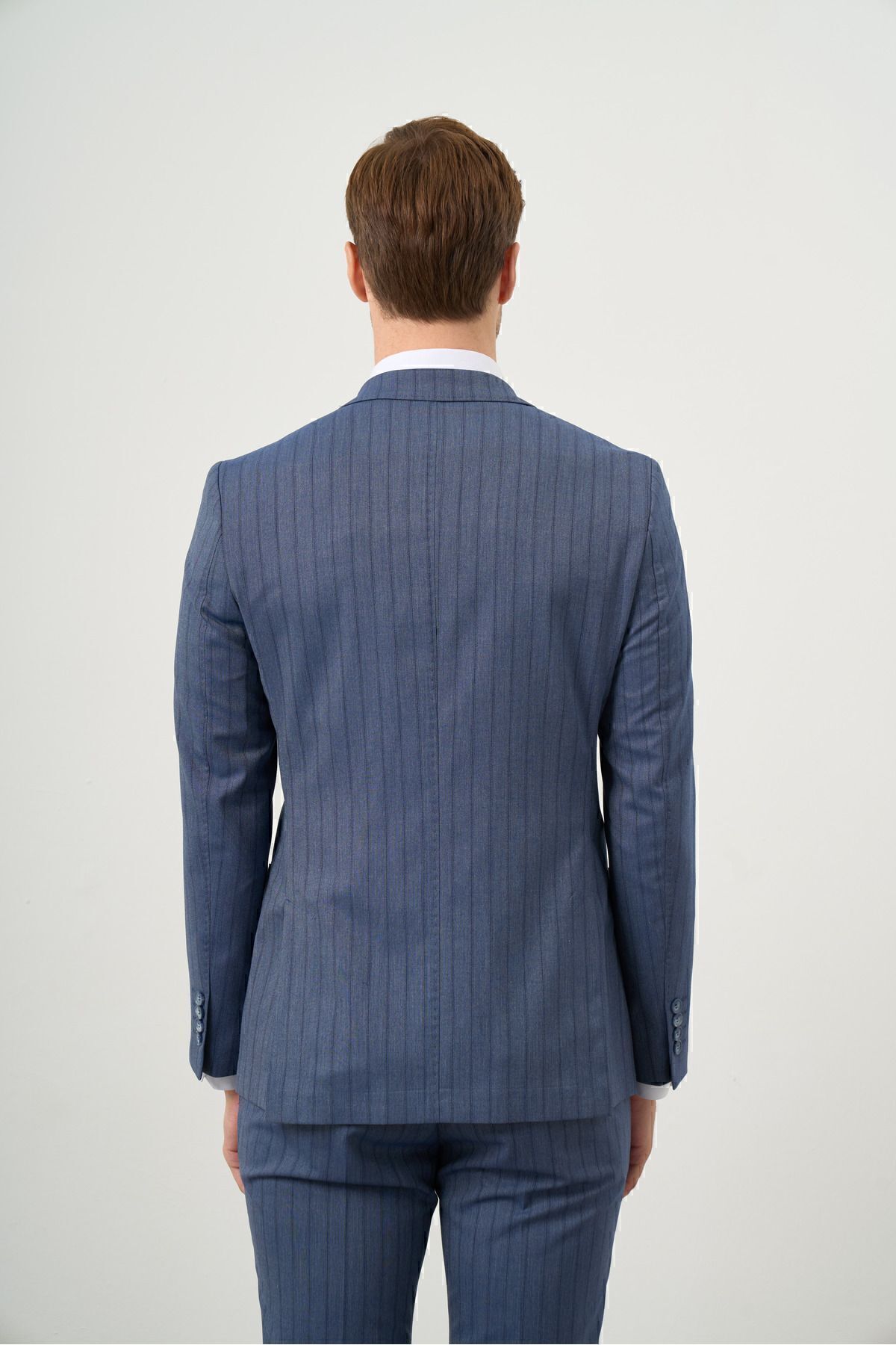 کت و شلوار یقه نوک تیز مردانه آبی سرمه ای Polyviscon Trend دو سینه باریک