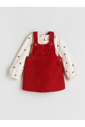 Fiyonk Detaylı Kadife Kız Bebek Salopet Elbise ve Tişört Image 3