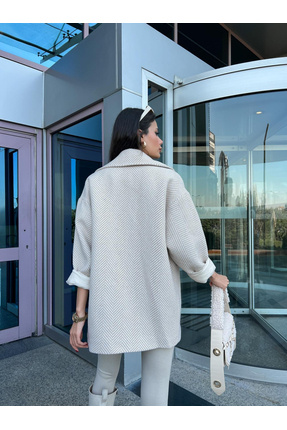 Kadın Taş Balık Sırtı Desenli Premium Kalite Kaşe Kaban Image 3