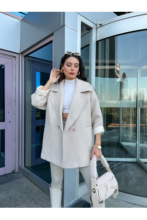 Kadın Taş Balık Sırtı Desenli Premium Kalite Kaşe Kaban Image 0