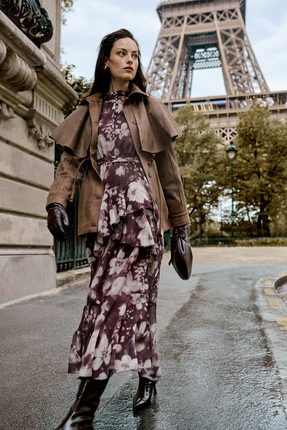 Mürdüm Çiçekli Parlak Düğme Detaylı Dokuma Şifon Elbise TCTAW26EB00043 Image 0