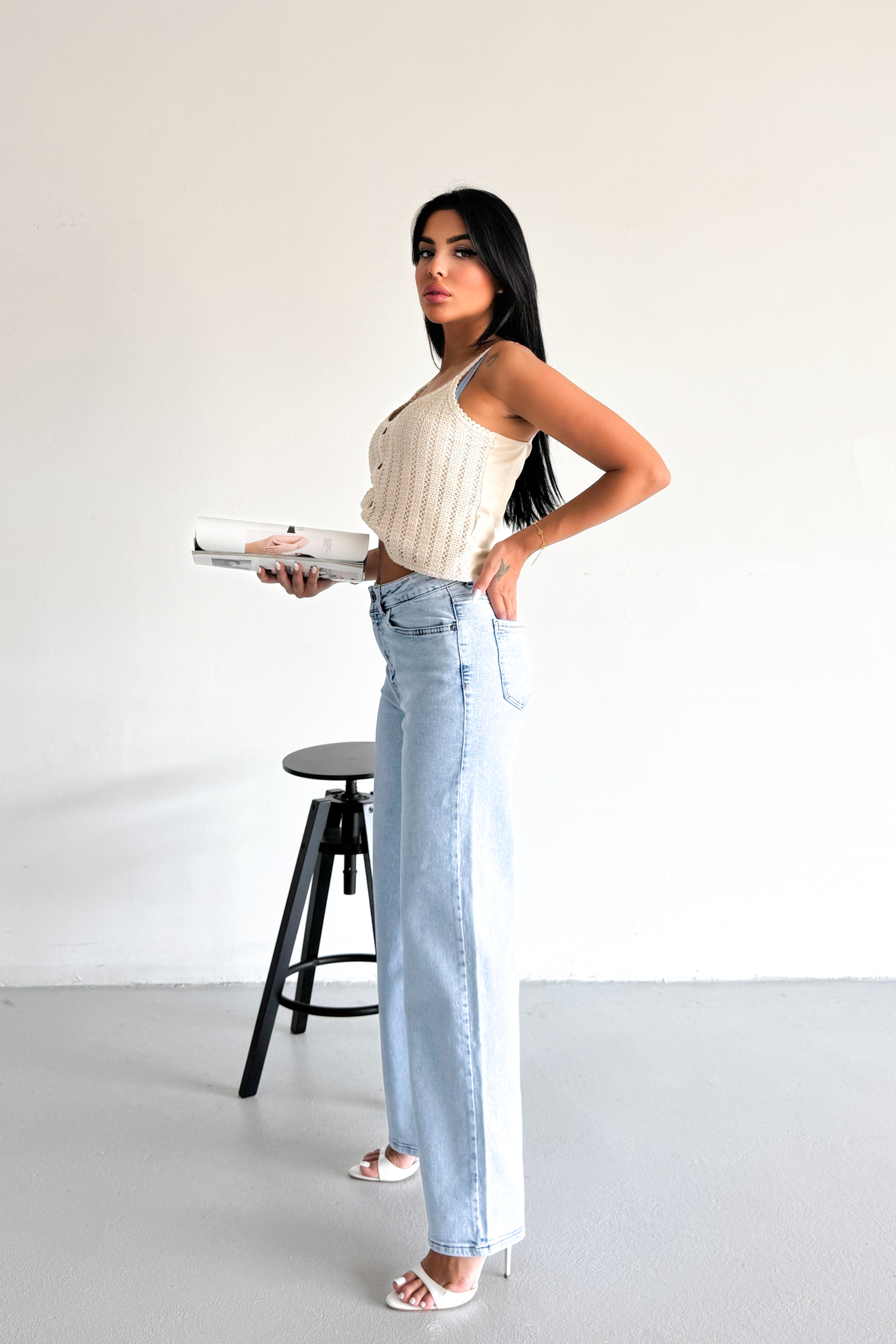 شلوار جین منعطف Palazzo Lycra JESSİCA-2039 دم گشاد زنانه برفی آبی ژان فاق بلند