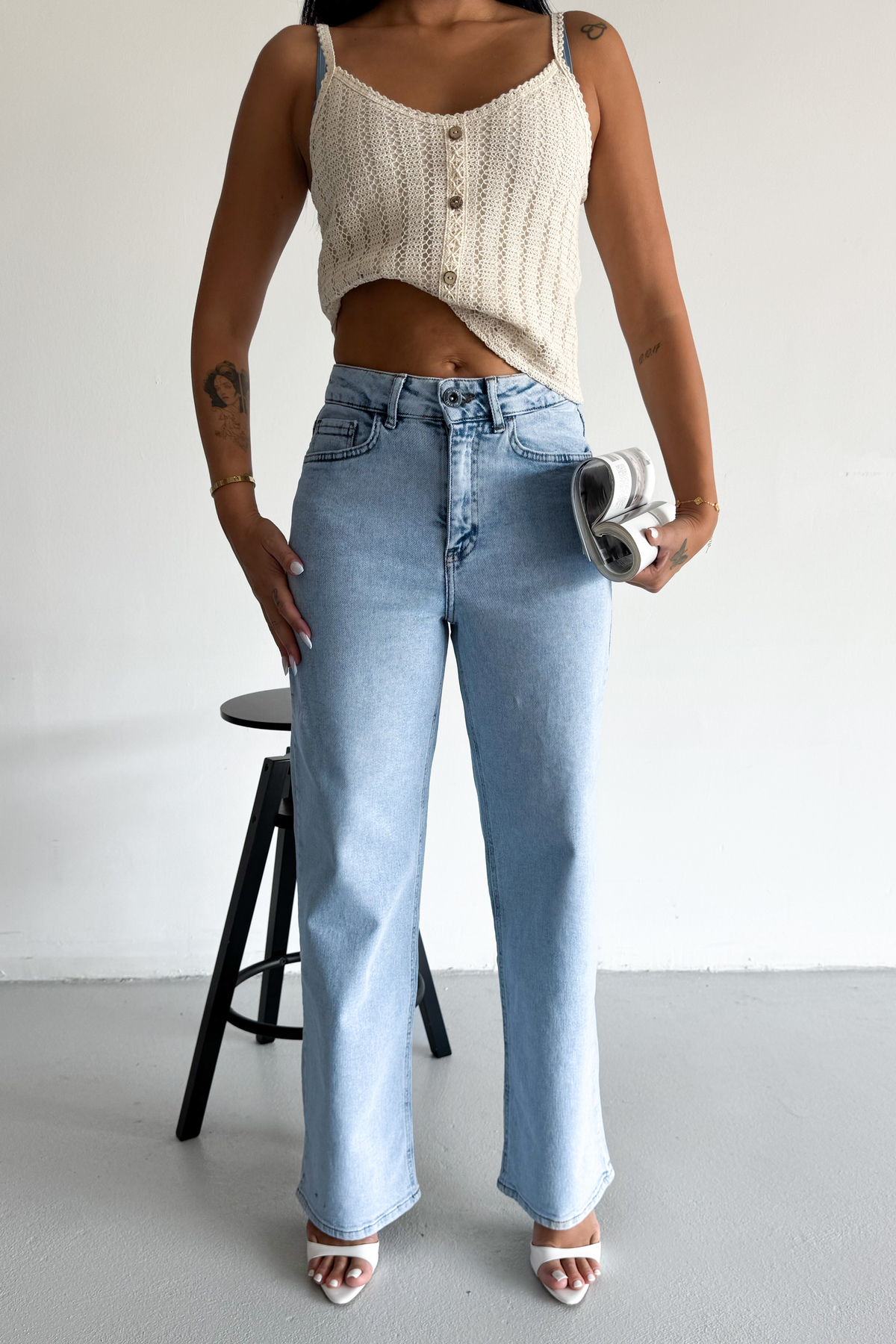 شلوار جین منعطف Palazzo Lycra JESSİCA-2039 دم گشاد زنانه برفی آبی ژان فاق بلند