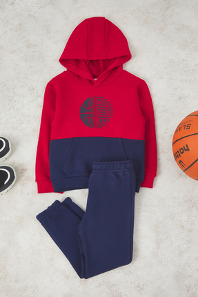 Kırmızı Pamuklu Renk Bloklu Kapüşonlu Regular Erkek Çocuk Örme Alt - Üst Takım TKDAW26AU00037 Image 1