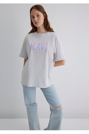 Logo Baskılı Gri Tişört Oversize / Geniş Kesim 1600843-85438 Image 0