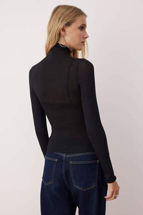 Siyah  Transparan Dik Yaka Esnek Normal Boy Örme Bluz TWOAW26BZ00266 Image 3