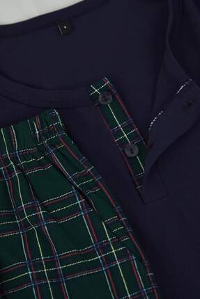 Lacivert Regular Düğmeli Yaka Ekose Örme Pijama Takımı TMNAW26PT00021 Image 1