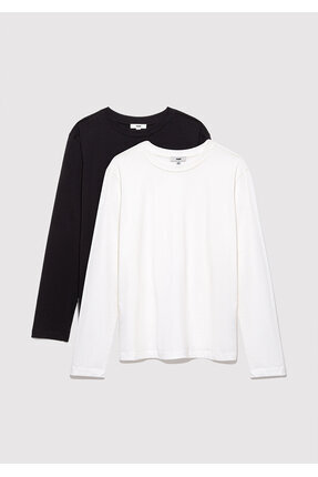 2li Uzun Kollu Siyah Basic Tişört Loose Fit / Bol Rahat Kesim 1613039-900 Image 0