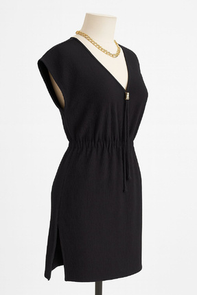 Kadın Siyah Yanları Yırtmaçlı Tokalı V Yaka Mini Plaj Elbisesi Image 4