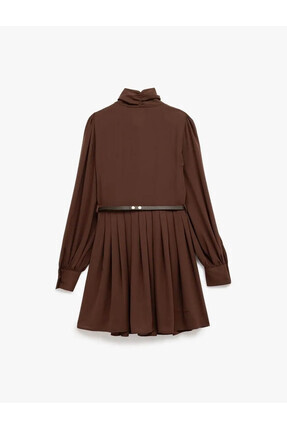 Regular Fit Kemerli Fular Yaka Mini Kahverengi Kadın Elbise 6Wak80019Uw Image 3