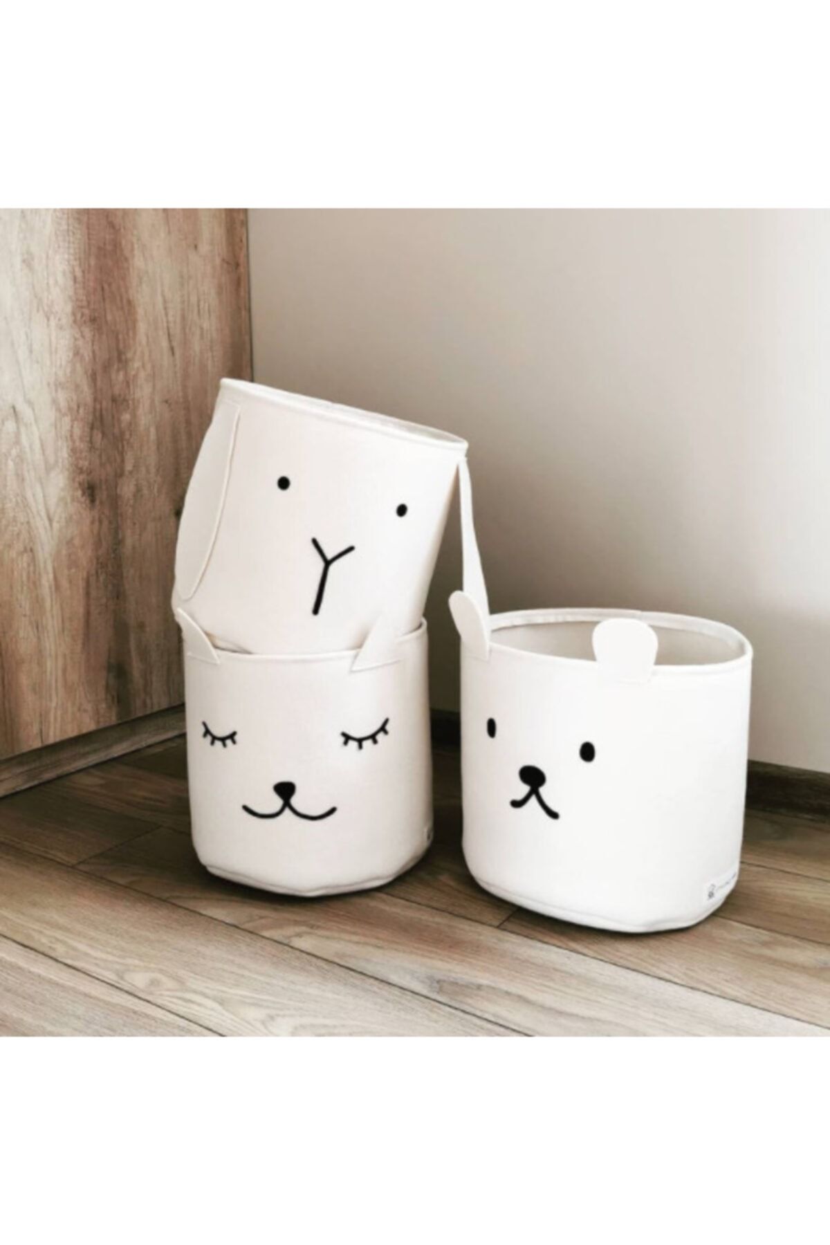 Woll Tasarım Sevimli Ekru Renk 3'lü I Bebek Ve Çocuk Odası Çamaşır Ve Oyuncak Sepet Seti 35x45 Cm (EKRU RENK)