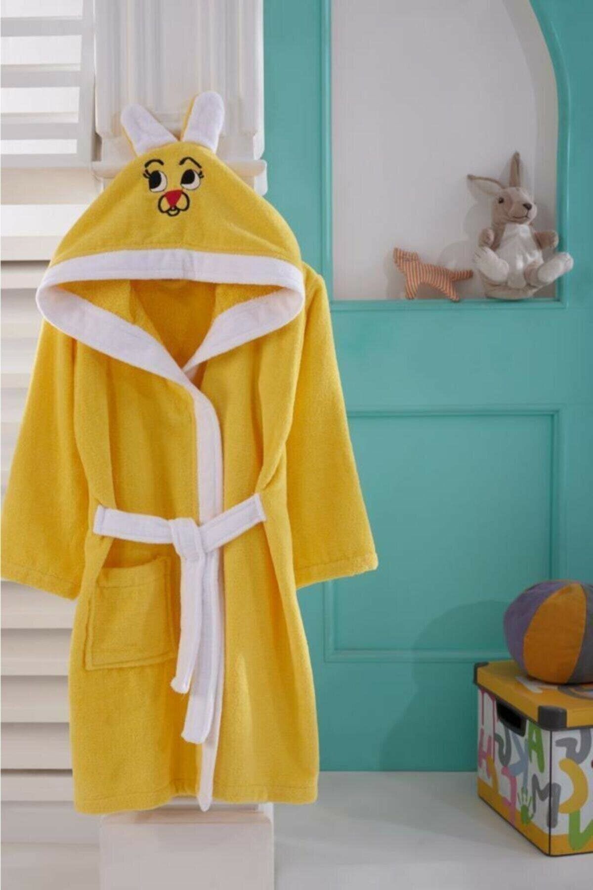 JUNG Pamuklu Kapşonlu Nakışlı Unisex Tavşan Kulaklı Çocuk Bornozu 3- 4 Yaş