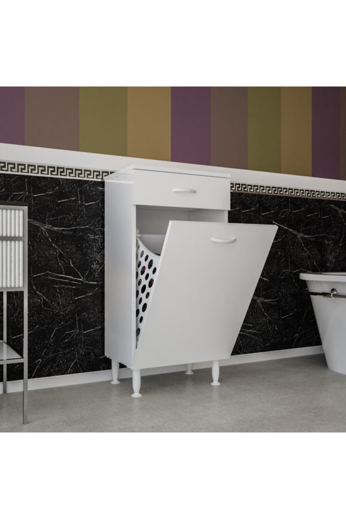 EraHome Mdf Kirli Çamaşır Sepetli Çekmeceli Dolap Beyaz