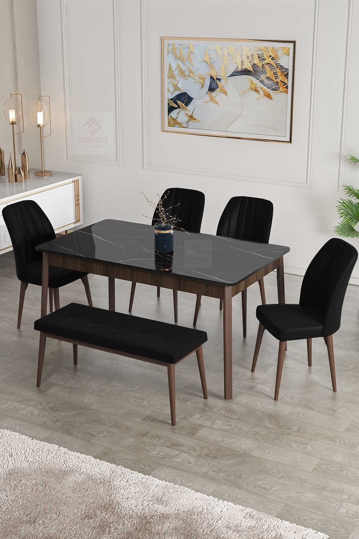 Canisa Concept Ada Serisi 80x130 Sabit, Bench'li Siyah Mermer Masa Takımı+ 4sandalye+1bench