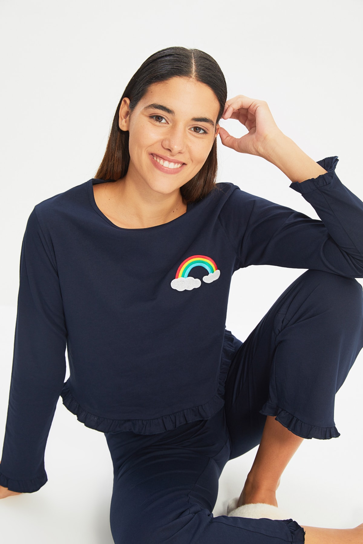 TRENDYOLMİLLA Lacivert Nakışlı Örme Pijama Takımı THMAW22PT0251