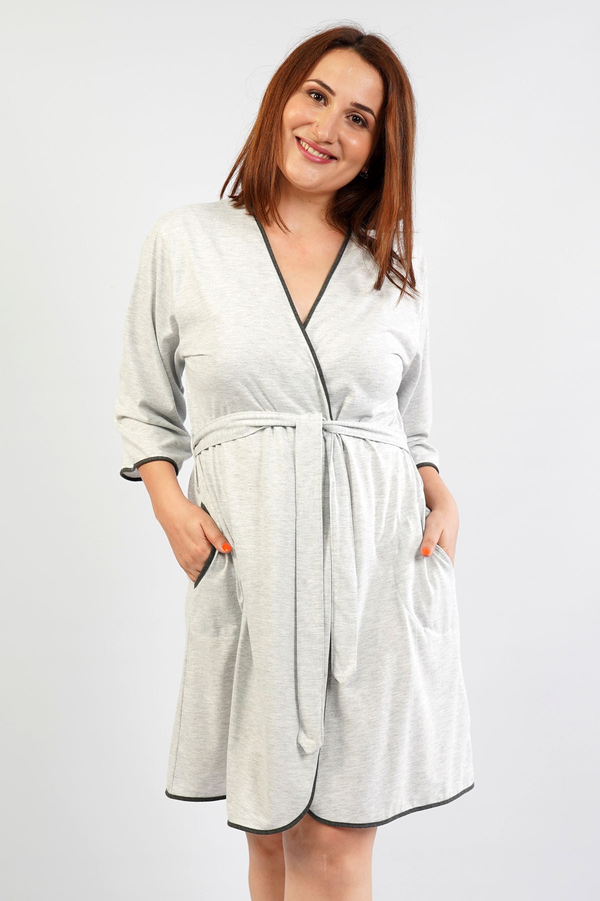 VİENETTA Kadın P.suprem 3/4 Kol Büyük Beden Gri Sabahlık Takım