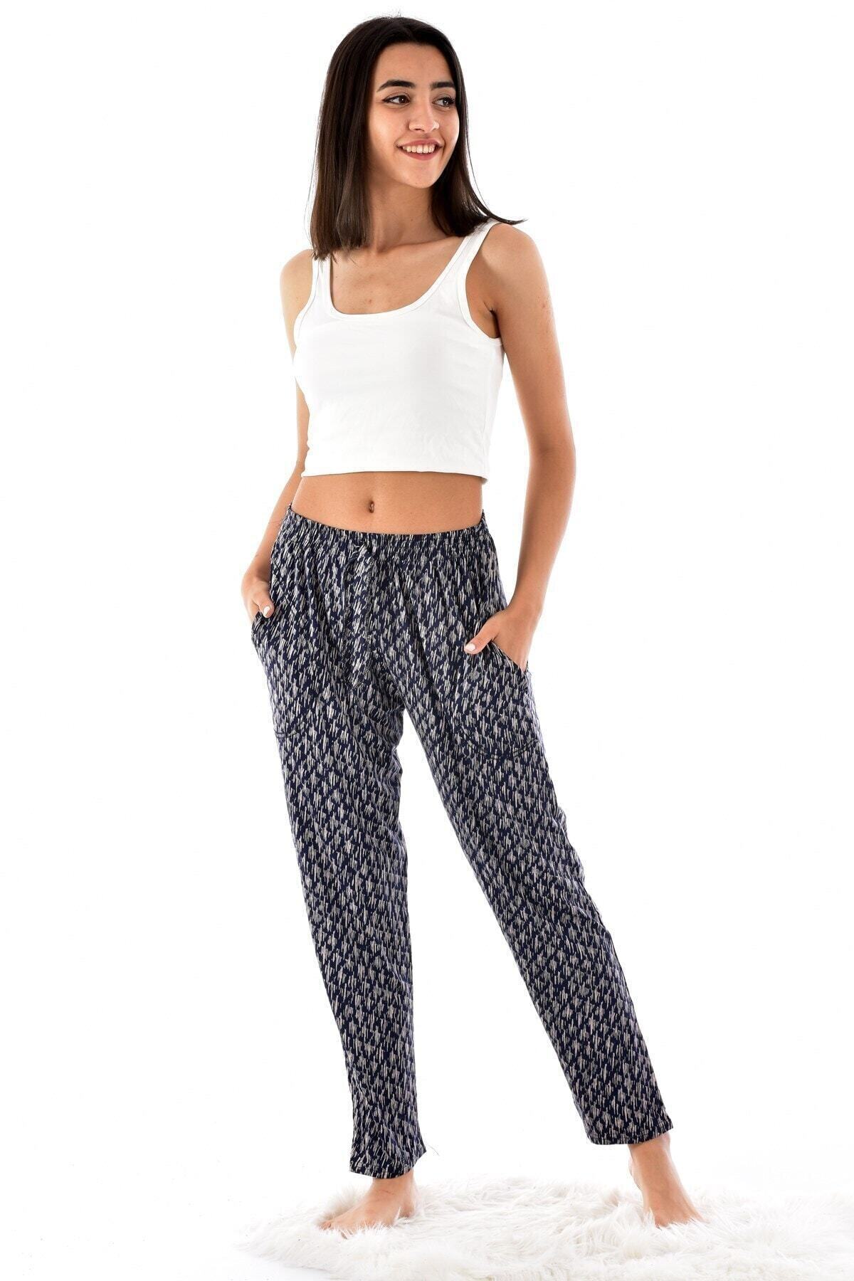 Pijamoni Kadın Lacivert Desenli Cepli Viskon Şalvar Pantolon 9300-3