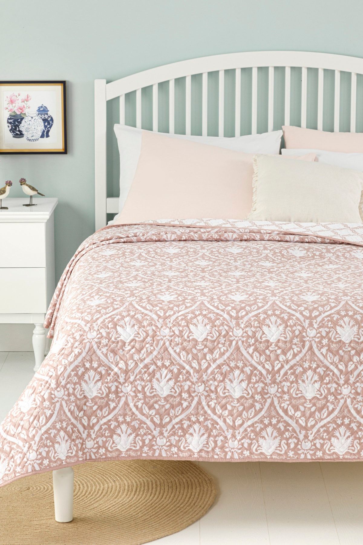 English Home Damask Flowers Tek Kişilik Çok Amaçlı Yatak Örtüsü 160x220 Cm Pudra