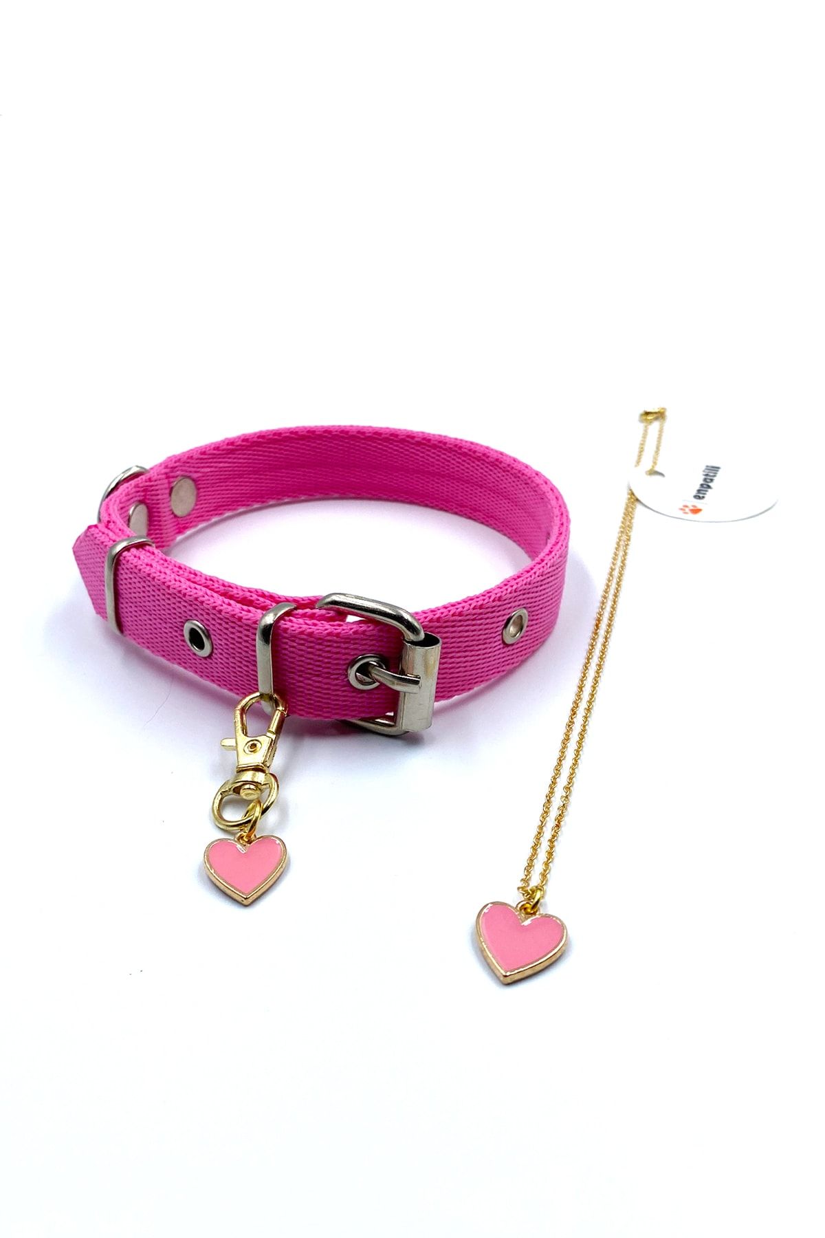 Enpatili Köpek Tasması Küçük Irk Köpek Boyun Tasması Ve Aksesuarı Kalpli Kolye Seti Pembe