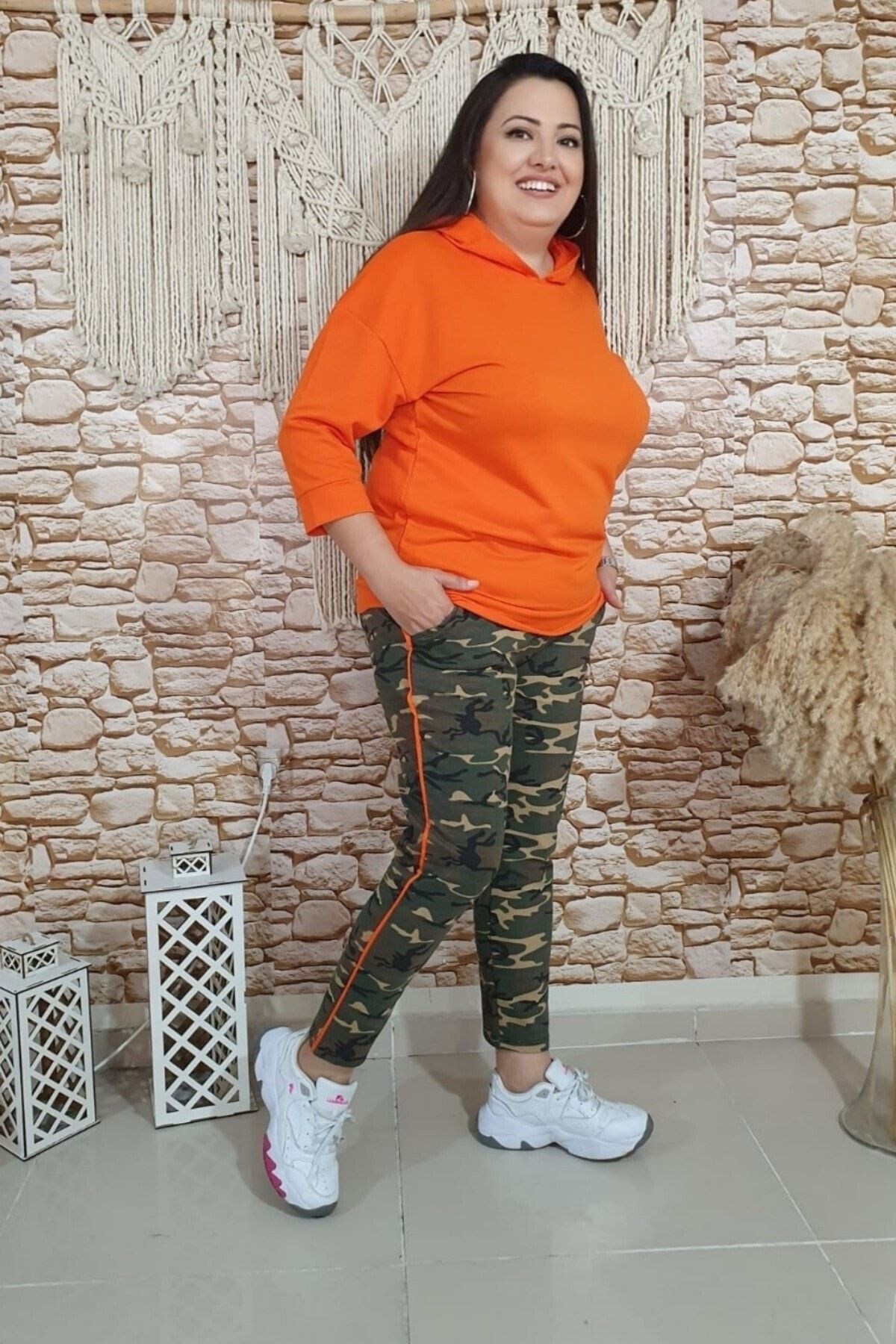 sinemisxxl Kadın Kamuflaj Ve Turuncu Büyük Beden Takım